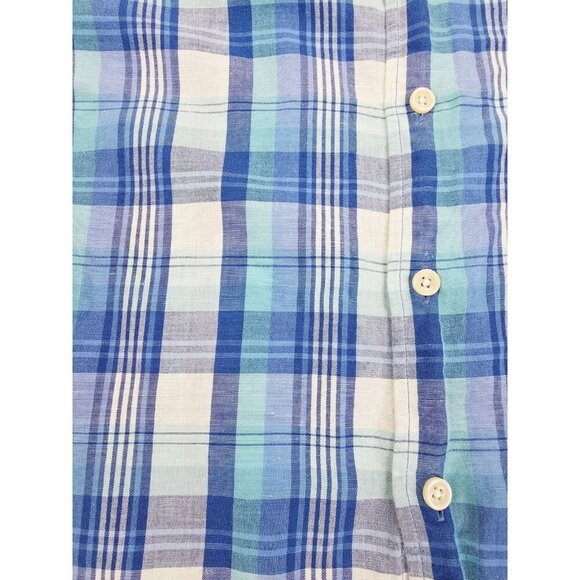 Uniqlo Size Medium Mens Blue White Check Short Sleeve Linen Cotton Blend Shirt - Picture 6 of 9